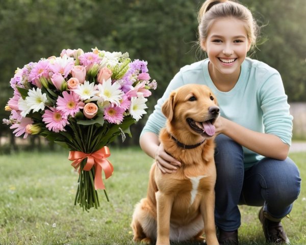 Young girl with golden retriever in green field