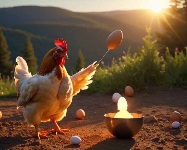 Whimsical Sunrise Scene with Chicken and Eggs