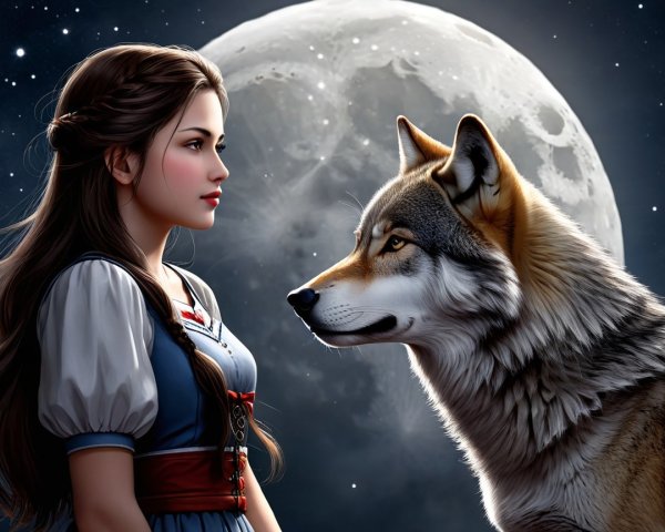Young Woman and Wolf Under Full Moon in Forest