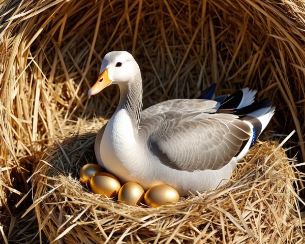 Goose in Straw Nest with Golden Eggs Displayed