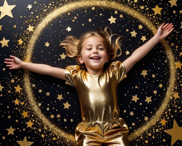 Child in shiny gold outfit on starry backdrop