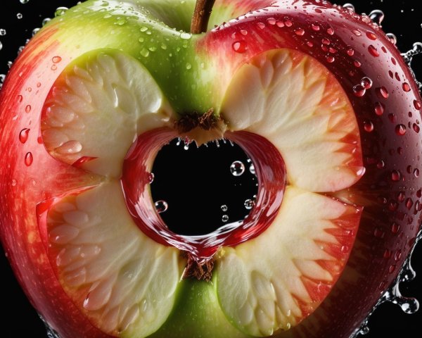 Sliced Apple with Heart-Shaped Core and Water Droplets