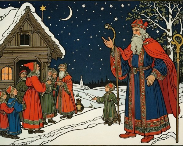Folkloric Winter Night Scene with Saint Nicholas