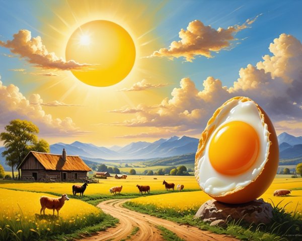 Surreal Landscape with Giant Egg in Golden Field