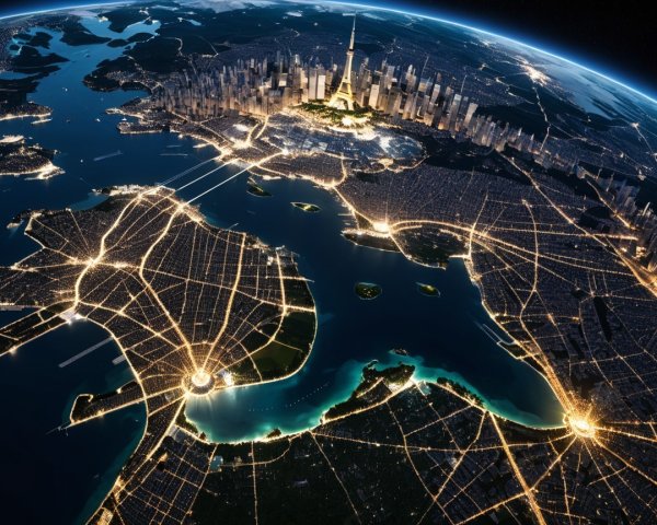 Aerial Nighttime View of a City Skyline with Lights