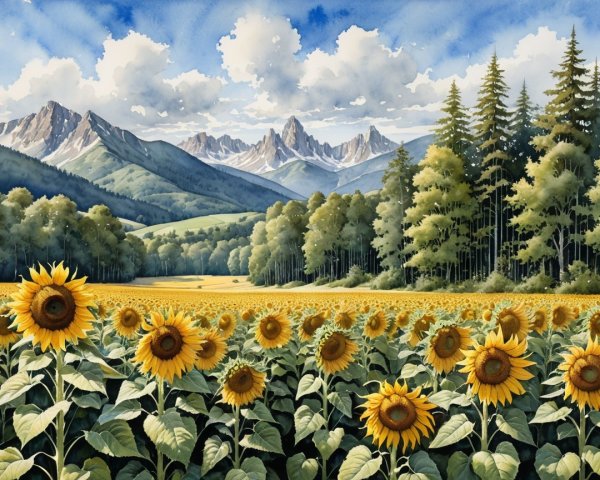 Watercolor Landscape of Sunflowers and Mountains
