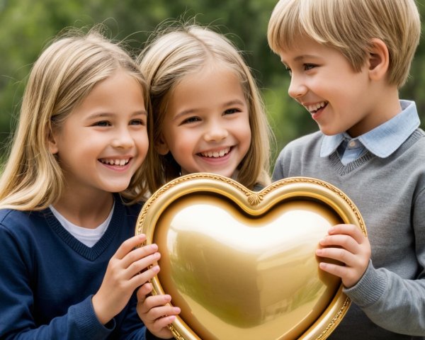 Children Holding a Large Golden Heart Outdoors