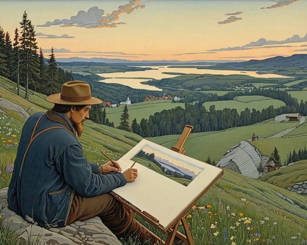 Young Man Painting Lake View at Dusk with Easel