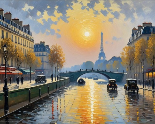 Parisian Sunset with Eiffel Tower and Autumn Scene