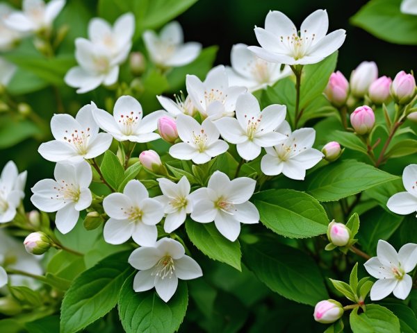 Vibrant White Flowers and Green Leaves in Spring Garden