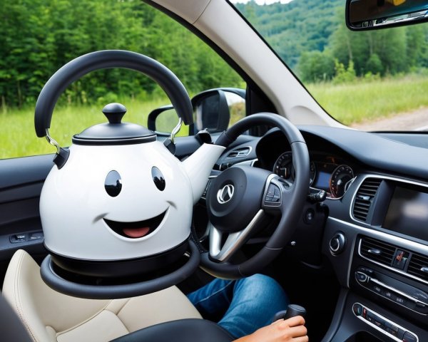 White Electric Kettle with Cartoon Face in Car Seat