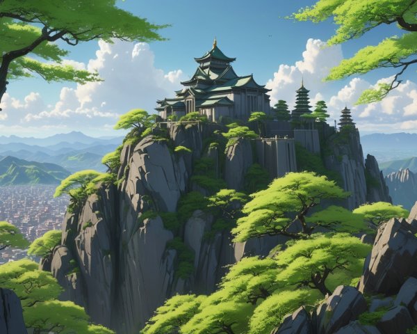 Majestic temple on rocky peak with lush surroundings