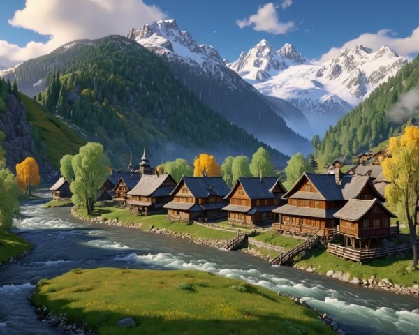 Mountain Valley Village Landscape in Morning Light