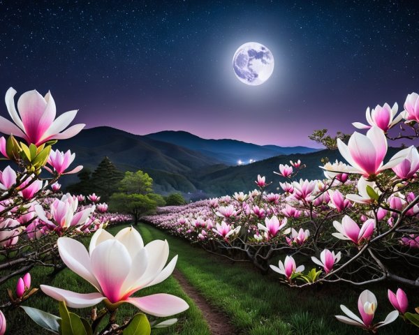 Serene landscape with magnolia flowers under moonlight