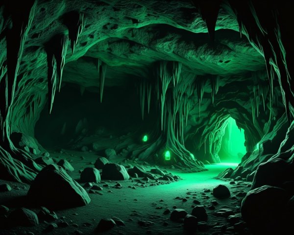 Otherworldly Cave with Dark-Green Ambiance and Glow