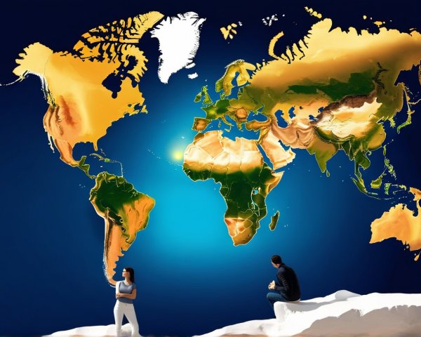 World Map with Geographical Features and Woman Figure