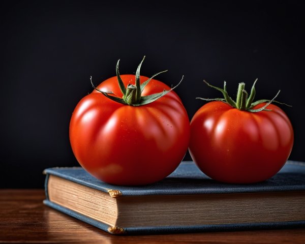 Vibrant Red Tomatoes on Closed Blue Book Still Life