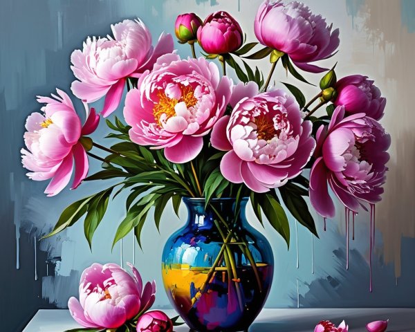 Vibrant Still Life of Pink Peonies in Colorful Vase