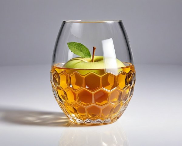 Stemless wine glass with yellow liquid and green apple