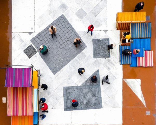 Aerial View of a Colorful Market Square with Stalls