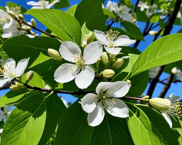 Close-up of White Flowers on a Branch in Spring