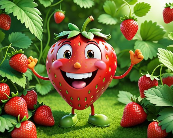 Cartoon Strawberry Character in Whimsical Garden