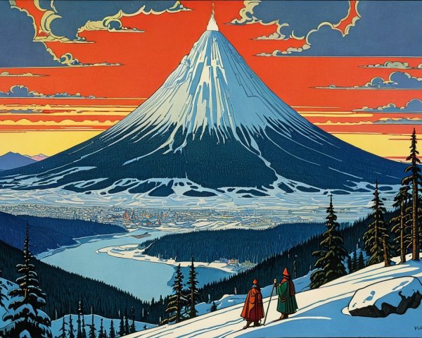 Ukiyo-e Illustration of Hikers on Snowy Mountain