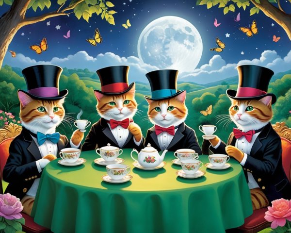 Whimsical Tea Party with Elegantly Dressed Cats
