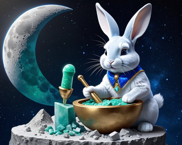 Mystical Rabbit Mixing Crystals Under Crescent Moon