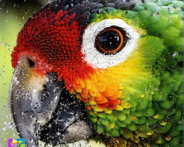 Vibrant Parrot with Colorful Plumage and Water Droplets