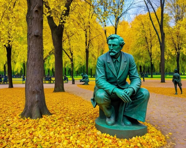 Bronze Statue of Contemplative Man Surrounded by Leaves