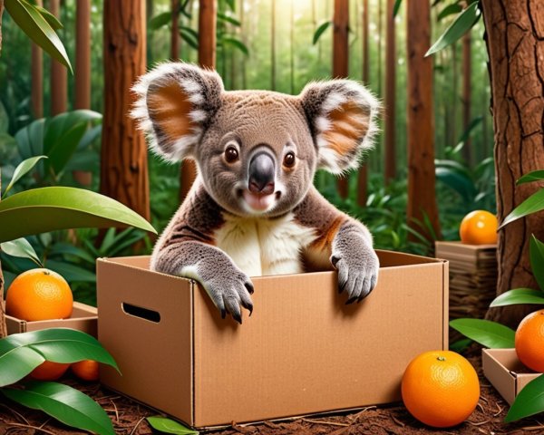 Koala in Cardboard Box Surrounded by Greenery and Fruit