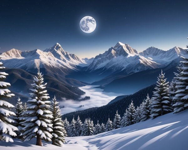 Serene Winter Landscape with Snow-Capped Mountains