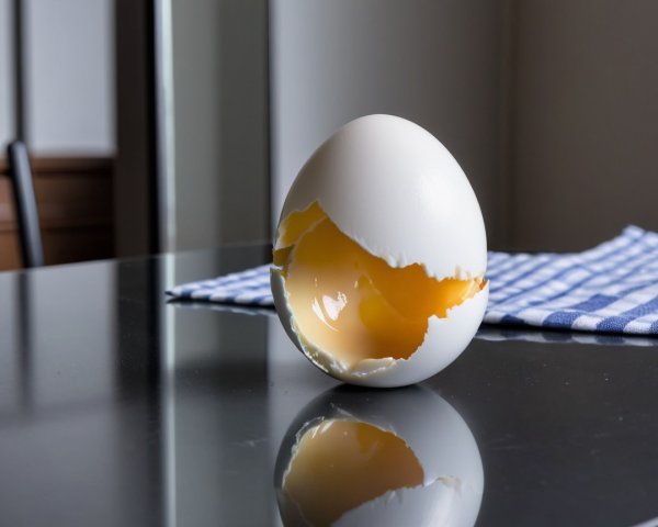 Cracked Eggshell with Yolk on Black Surface