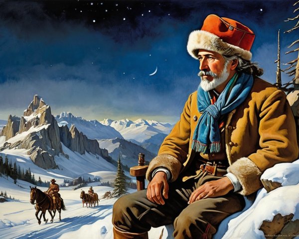 Realistic Oil Painting of an Old Man in Snow Setting