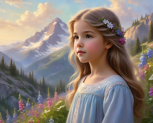 Young girl in floral meadow with mountains backdrop