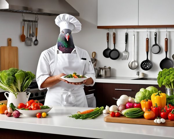 Chef with Pigeon Head in Modern Kitchen with Salad
