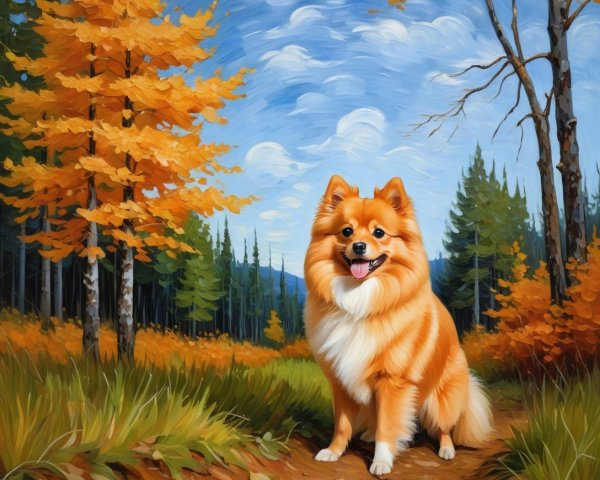 Oil Painting of Pomeranian in Autumn Forest Setting