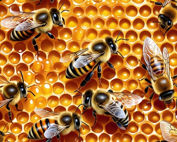 Macro Close-Up of Honeybees on Honeycomb
