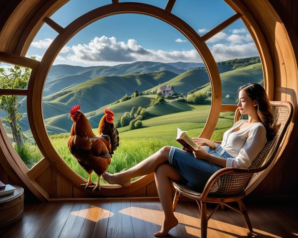 Woman Reading in Cozy Wooden Nook with Scenic View