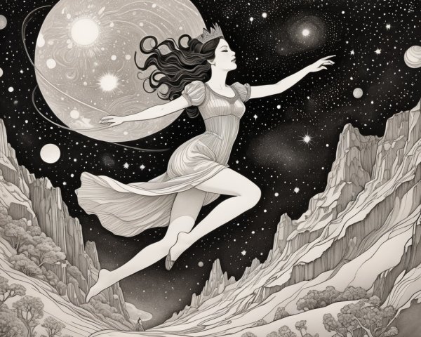 Woman Floating in a Starry Universe with Mountains