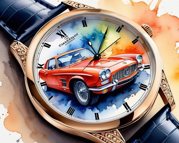 Antique wristwatch with vintage car watercolor design