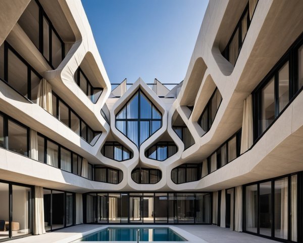 Modern Building with Organic Design and Serene Courtyard