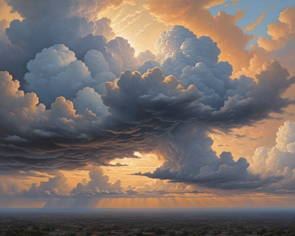 Dramatic Landscape with Swirling Clouds and Sunlight