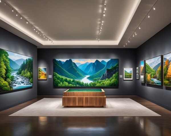 Modern Art Gallery with Vibrant Landscape Paintings