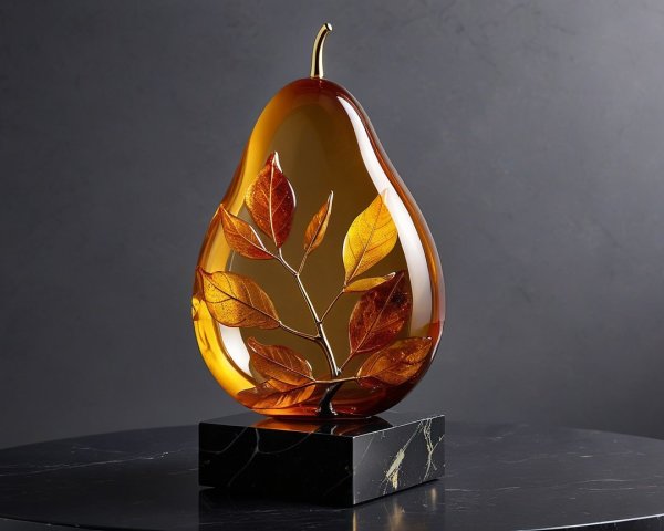 Amber Glass Pear Sculpture with Gold Leaves on Marble Base