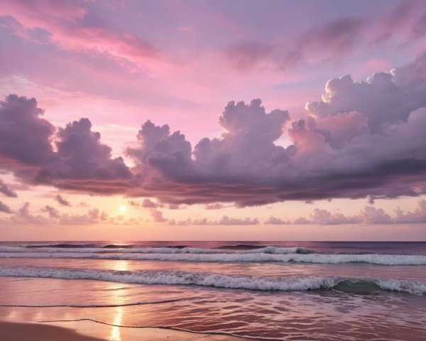 Serene Beach Sunset with Gentle Waves and Colorful Sky