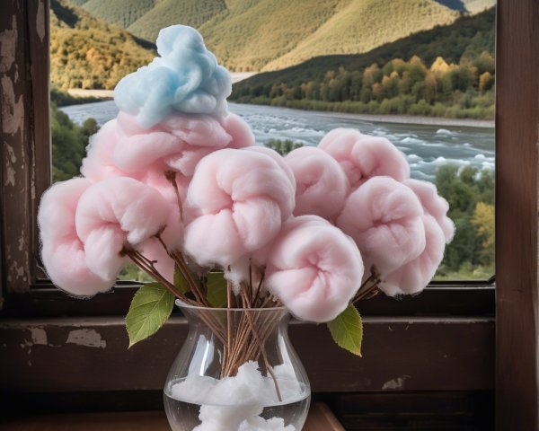 Charming Vase with Cotton Candy Blooms and Scenic View