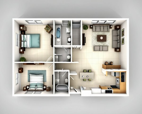 Modern Apartment Layout with Two Bedrooms and Bathrooms