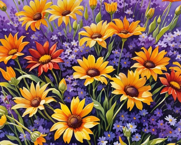 Vibrant Watercolor Painting of Daisies and Wildflowers
